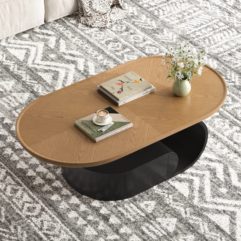 51.18" Mid Century Coffee Table, Oval Solid Wood Table with Drawer,Brown & Black