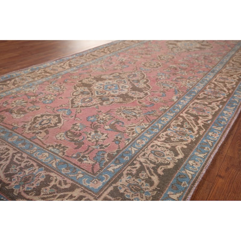 Pink Kashan Persian Vintage Runner Rug Handmade Wool Carpet - 3'11" x 12'9"