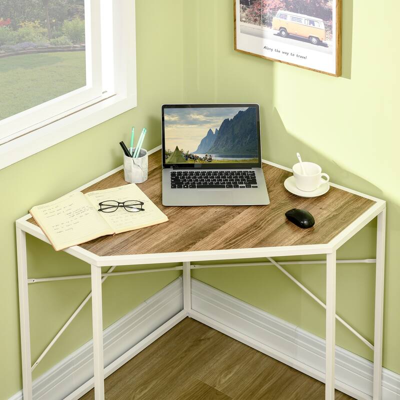 HOMCOM Corner Computer Desk with Steel Frame for Small Spaces, Writing Desk for Workstation