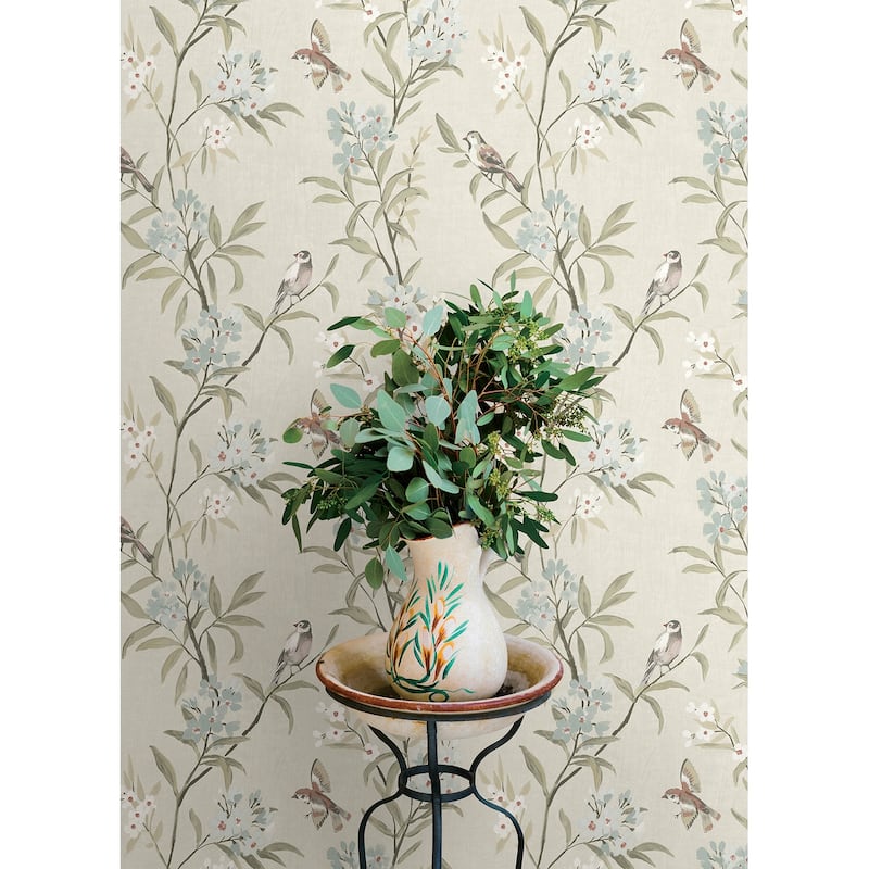 Chesapeake Tea Olive Beige Finch Frolic Wallpaper