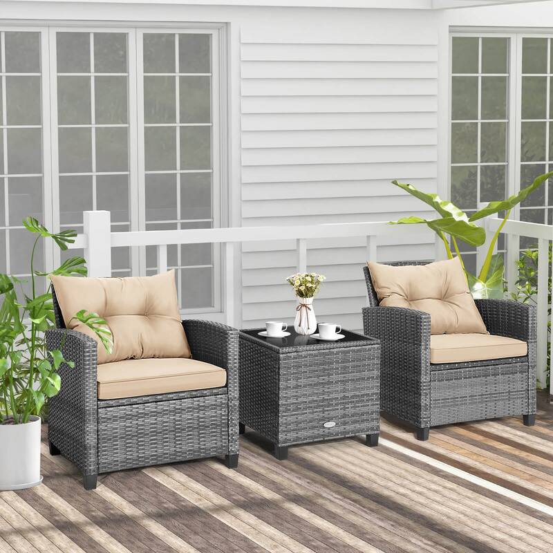 Costway 3PCS Patio Rattan Furniture Bistro Set Cushioned Sofas Side