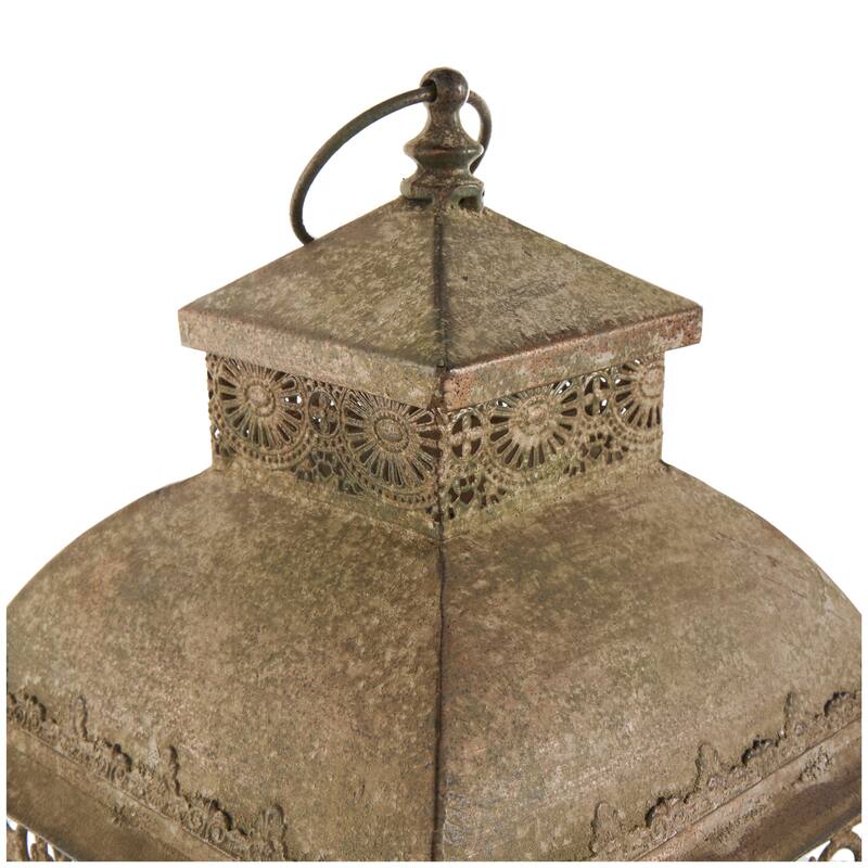 Brown Metal Distressed Vintage Inspired Ornate Scroll Indoor Outdoor Candle Lantern (Set of 2)