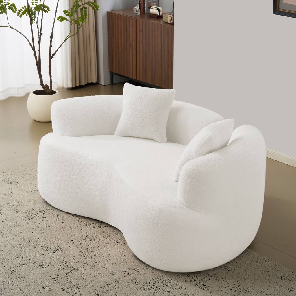 66.93 Inch Curved Loveseat White Full Compression Sponge Sofa, Teddy Velvet Fabric, No-Assembly Compact Sofa