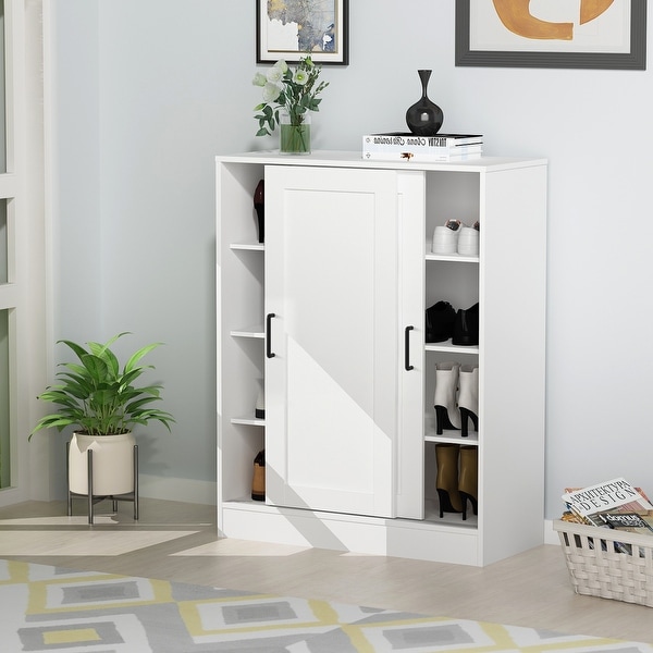 Kerrogee Shoe Storage Cabinet, Sliding Door 4-Tier Rack for 16 Pairs - 13.8"W x 31.5"L x 40"H