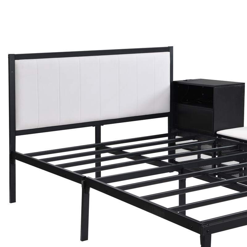 Full Metal Platform Bed with Cabinet, 2-Tier Shelves & Footrest