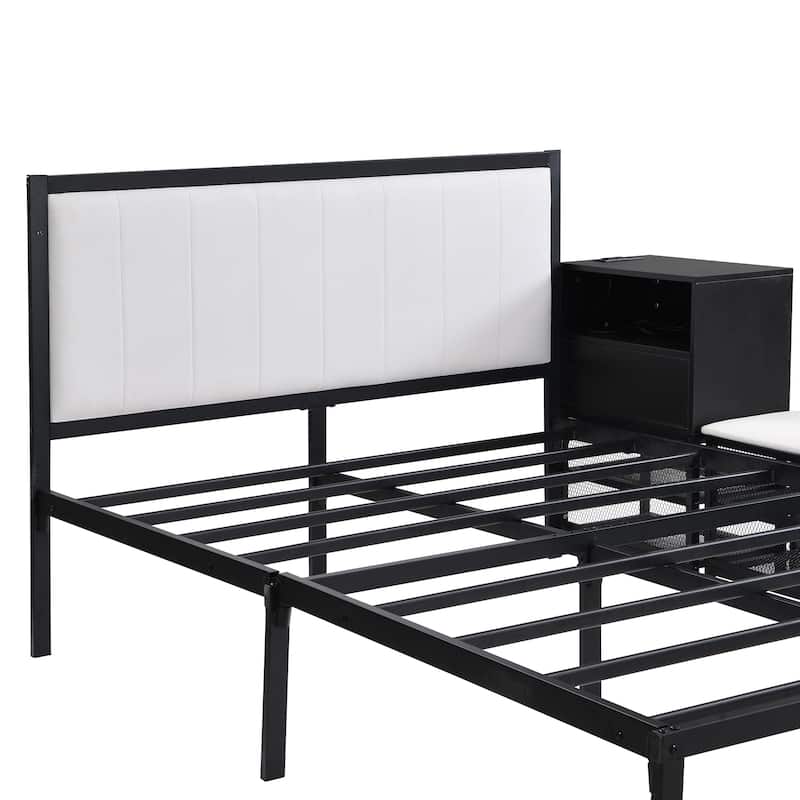 Full size Metal Platform Bed with Wooden Cabinet, Two-Tier Shelves And Cushioned Footrest