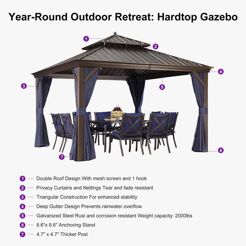 PURPLE LEAF Hardtop Aluminum Gazebo with Curtains and Netting, Double Roof Patio Gazebo