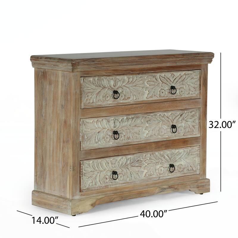 Acacia Wood 3 Drawer Dresser, 40 Inches Wide Storage Cabinet