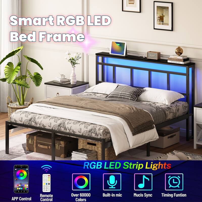 14 Inch Queen/Full/Twin Metal Platform Bed Frame with Storage Headboard, USB-C & LED Light