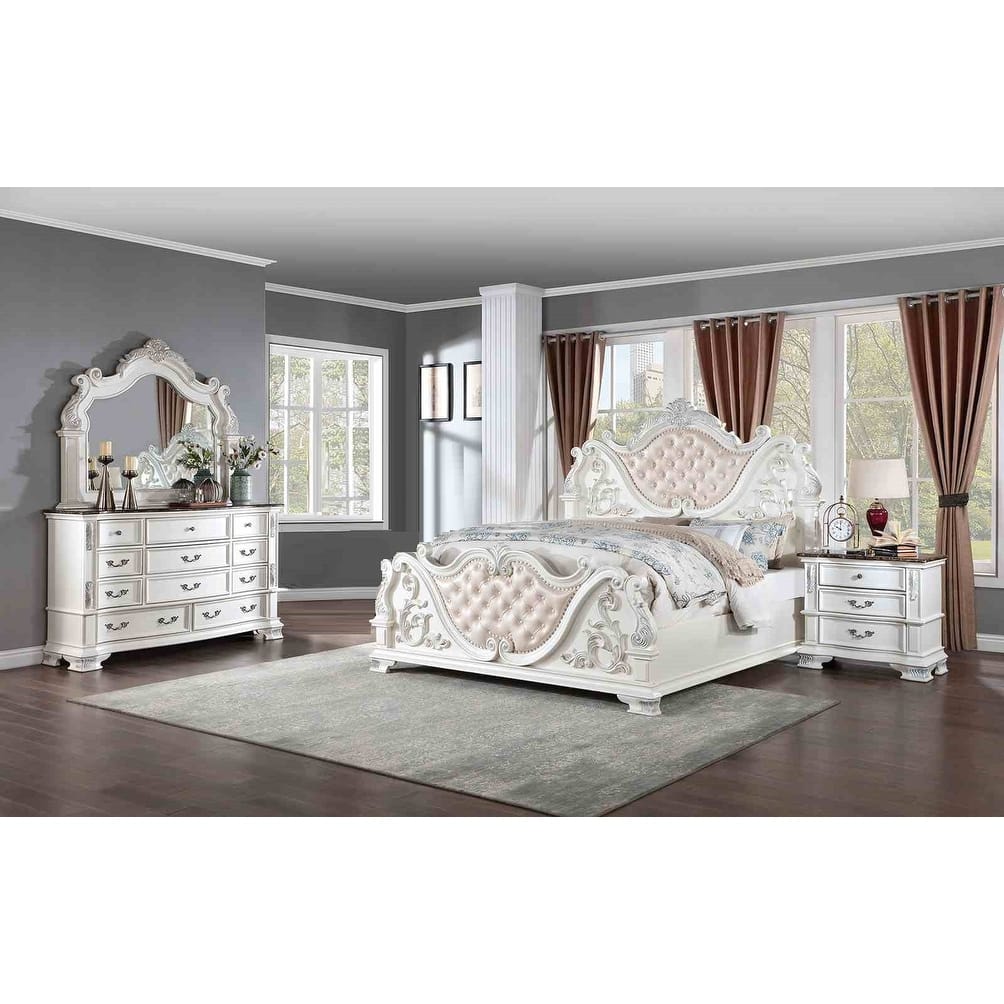 Traditional Pearl White Finish 4 PC Bedroom Furniture Set Bed Dresser Mirror Nightstand