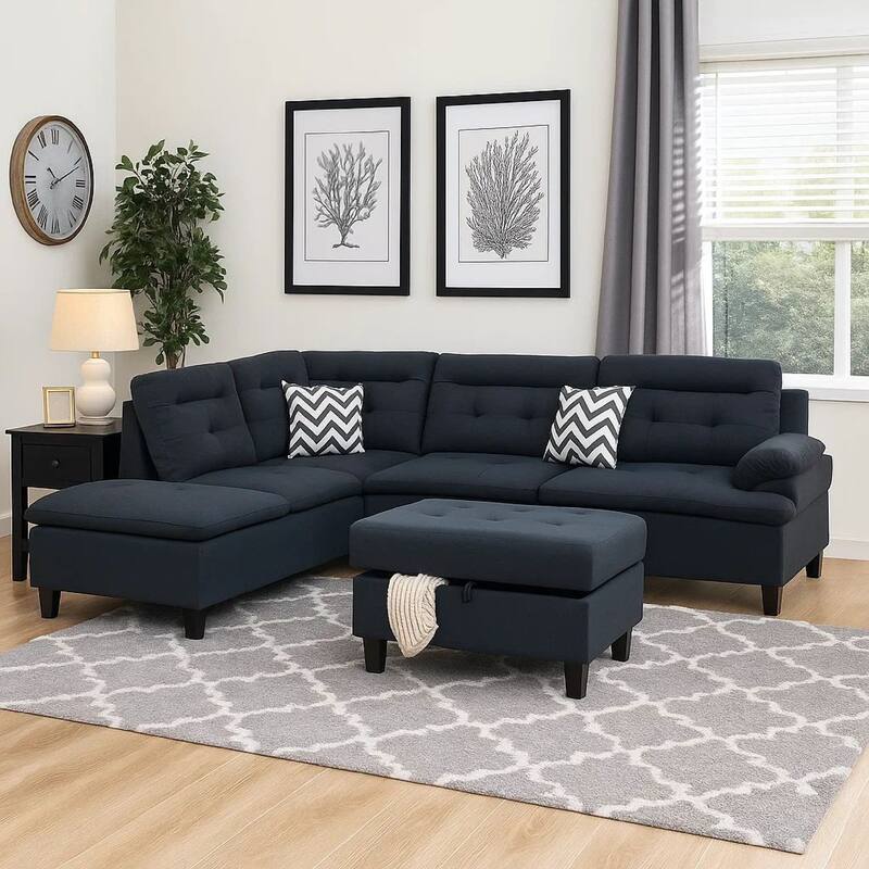 Olga 3 Piece L Shape Sectional Sofa with Ottoman, 2 Throw Pillows, Black