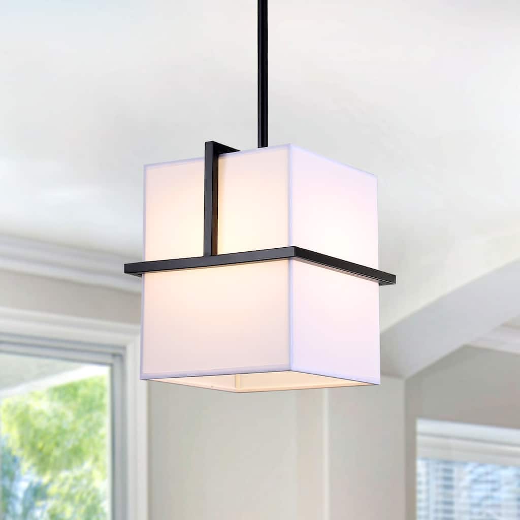 Modern 1-Light Rectangular Metal Pendant Light with White Fabric Shade