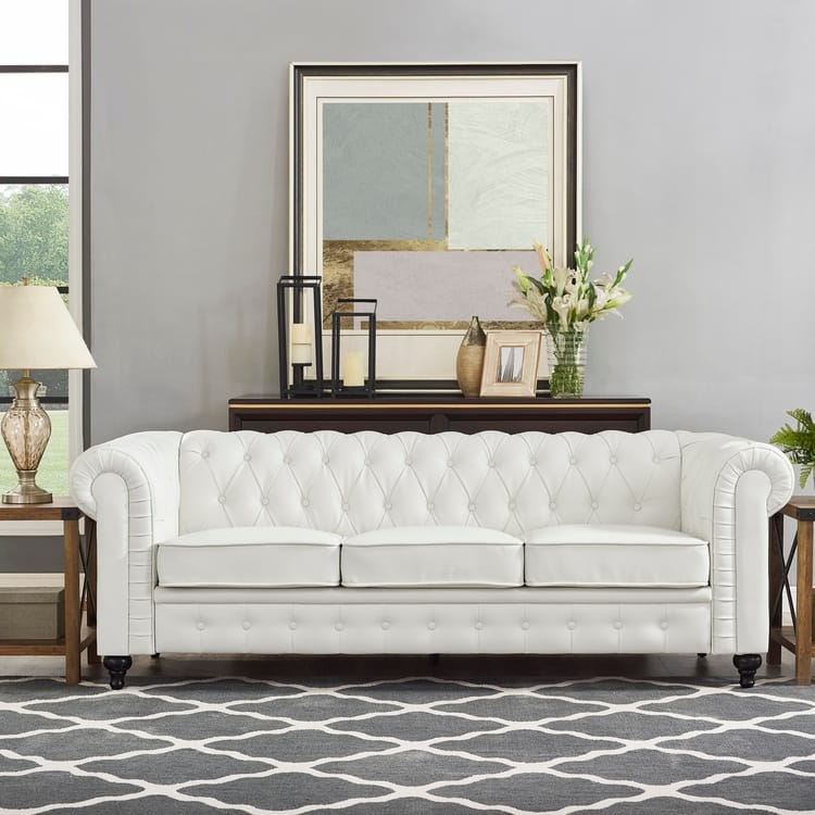 Stylish Sofa Combo: Chesterfield Sofa with Rolled Arms and Button Tufted Flared Arms Microfiber Couch for Small Spaces