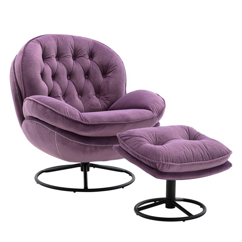 Velvet Swivel Accent Chair with Ottoman & Metal Legs (360° Rotation)