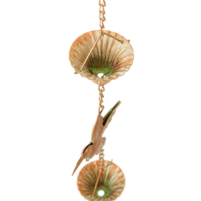 Glitzhome 8.5ft Faux Copper Gold Hummingbirds & Cups Rain Chain with V-Shaped Gutter Clip