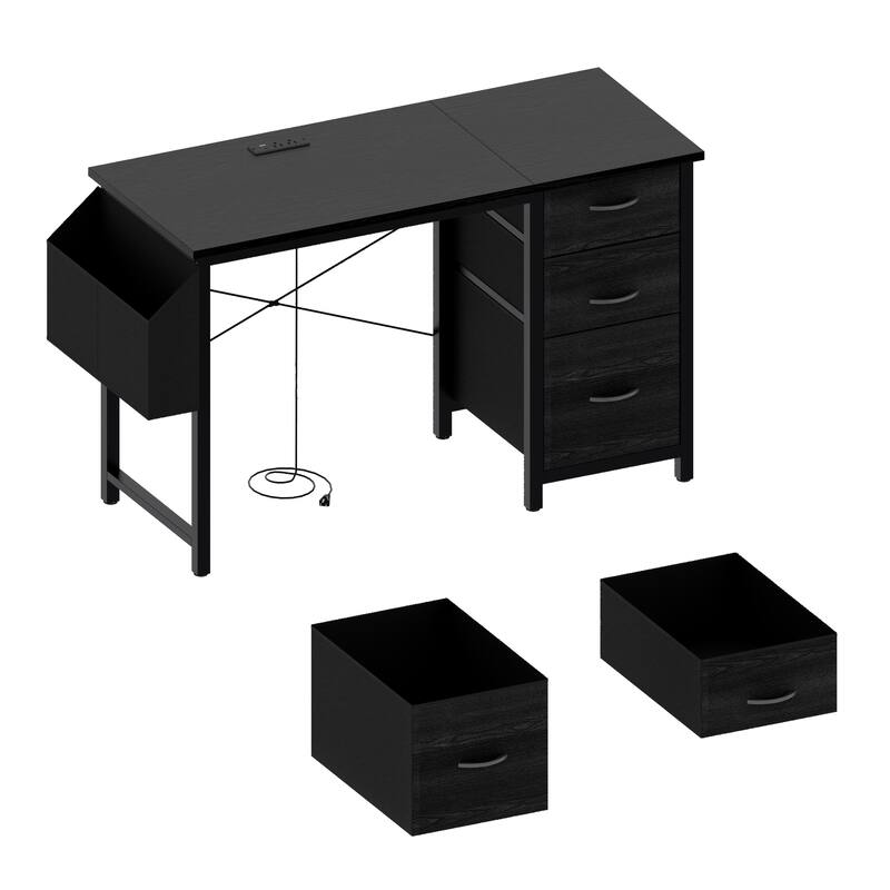 47'' Office Desk, Modern Reversible Study Writing Desk Workstation With Hutch, 3 Drawers, Power Outlets And Side Pockets