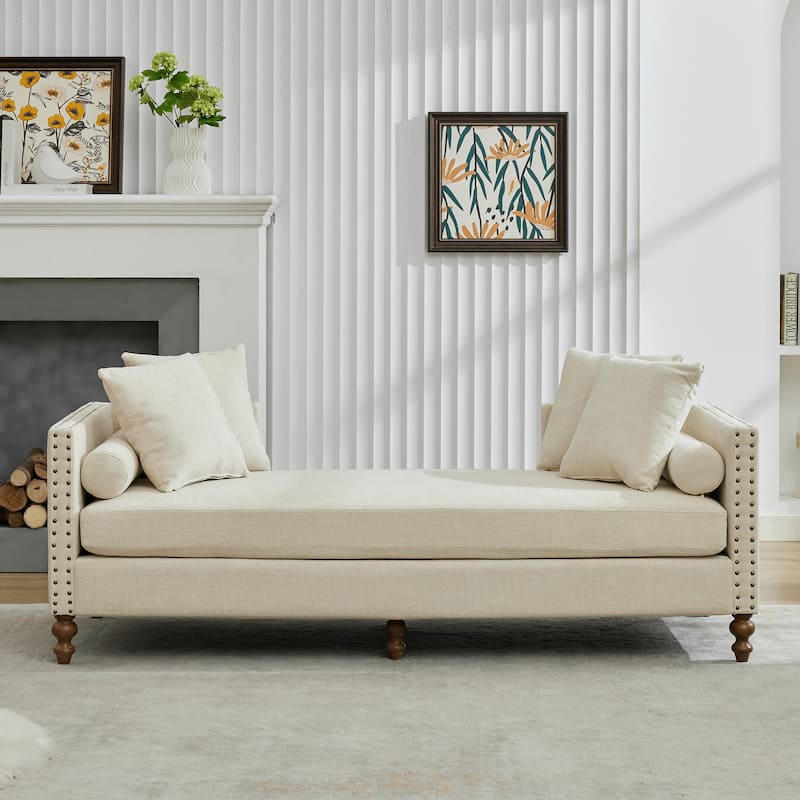75.2"W Upholstered Chaise Lounge with Nailheads,Sleeper Sofa Couch With 4 Throw Pillows&2 Bolsters,Daybed with Rubberwood Legs - Beige
