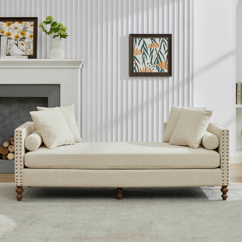 75.2"Wide Upholstered Chaise Lounge with Nailheads, Sleeper Sofa Couch With 4 Throw Pillows & 2 Bolsters, Rubberwood Legs - Beige