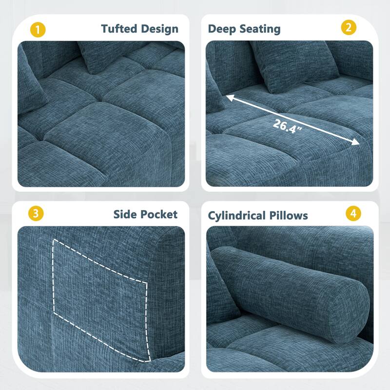 101.2" Blue Chenille Sectional Sofa, Modular, Deep Seating, 2 Side Pockets