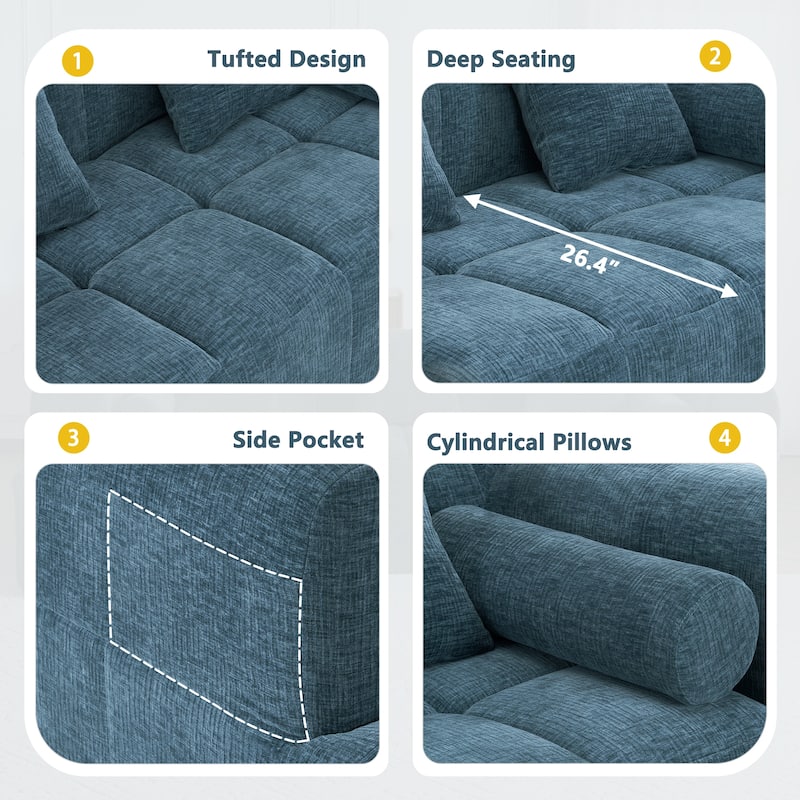 101.2" Chenille Sectional Sofa Full Compressed Sofa Modular Sofa Couch with 2 Side Pockets, Free Combined Sofa
