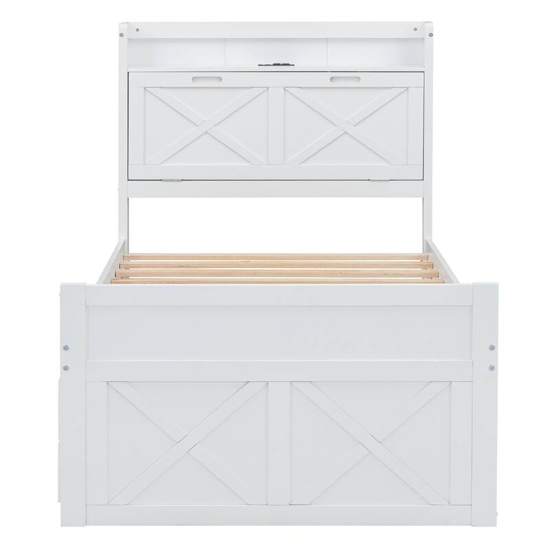 Twin Size Wooden Bed with Storage Headboard with Outlets