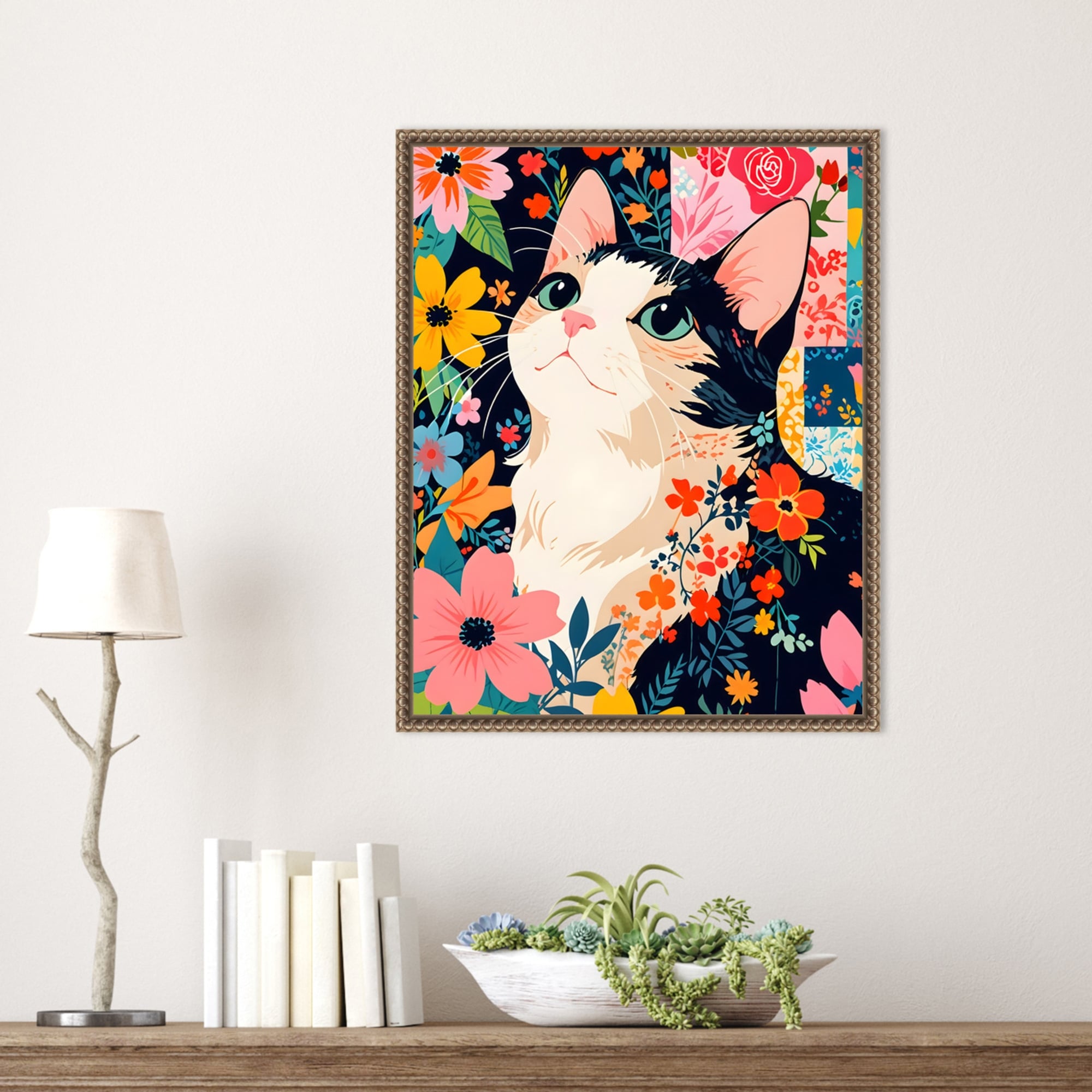 Kitty0922☺︎ Floral Patchwork Cat by Kintsugi99 Framed Canvas Wall Art - On