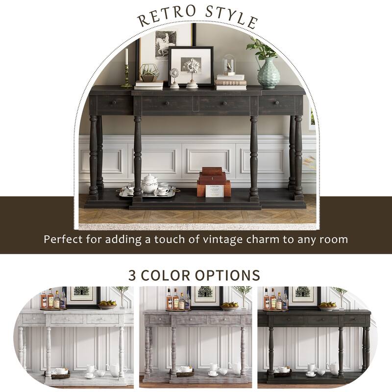 Long Wooden Console Table Hallway Tables with 4 Storage Drawers, Vintage Entryway Table with Open Storage Shelf