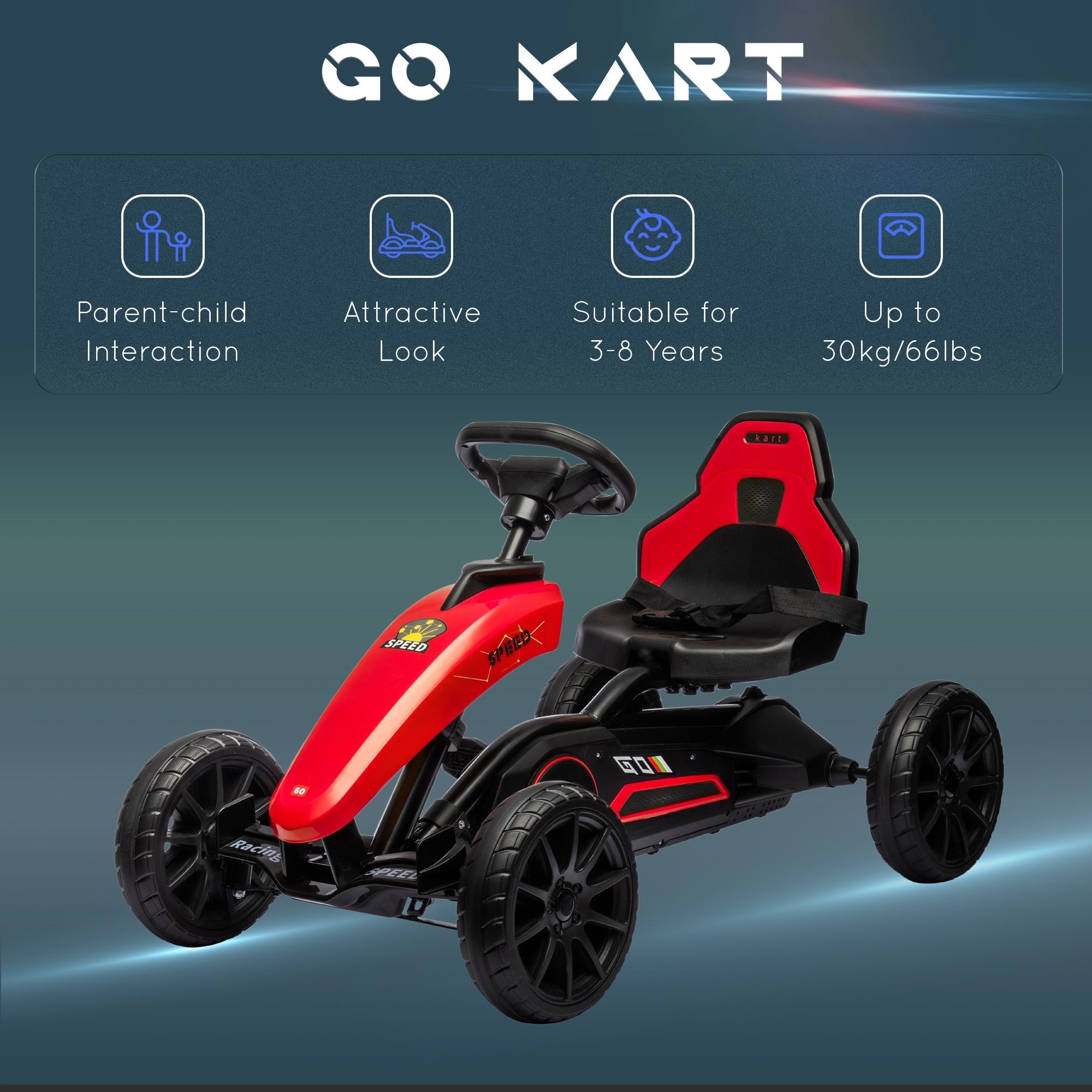 Red Kids Pedal Go Kart, Adjustable with Shock-Absorbing Wheels