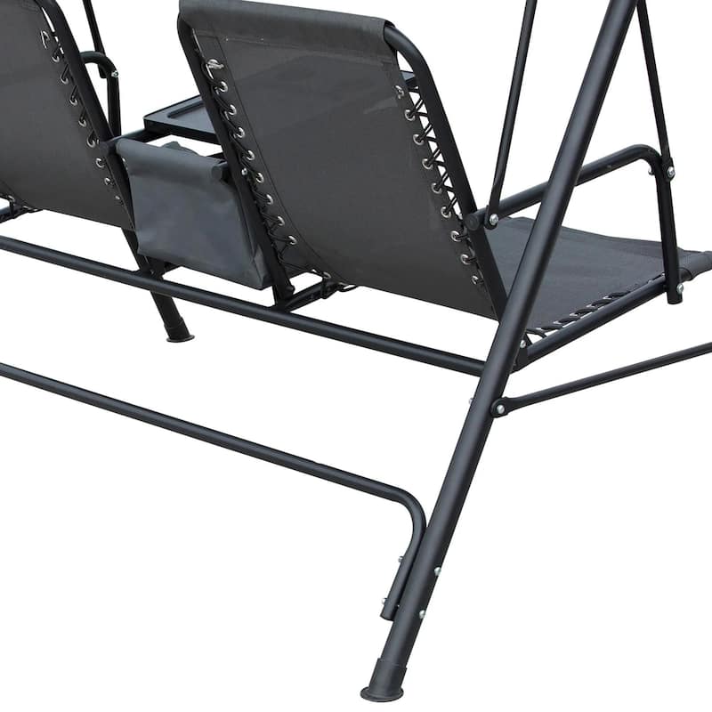 2-Seater Porch Swing with Pivot Table, Cup Holder, Adjustable Canopy