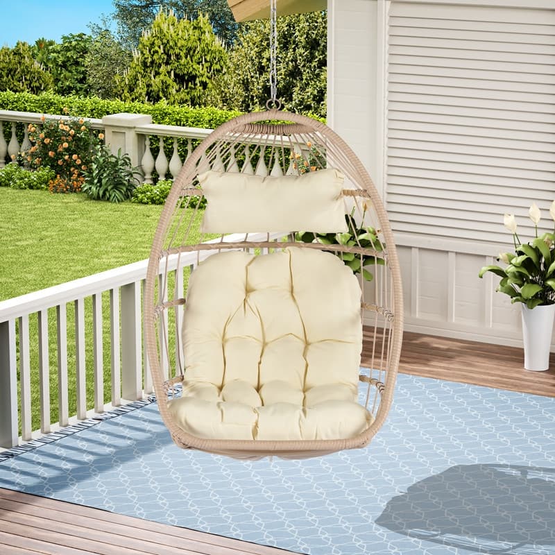 Egg Chair Outdoor Without Stand Indoor,Wicker Rattan Hammock Egg Porch Swing with Cushions for Bedroom Patio Balcony - Natural+Khaki