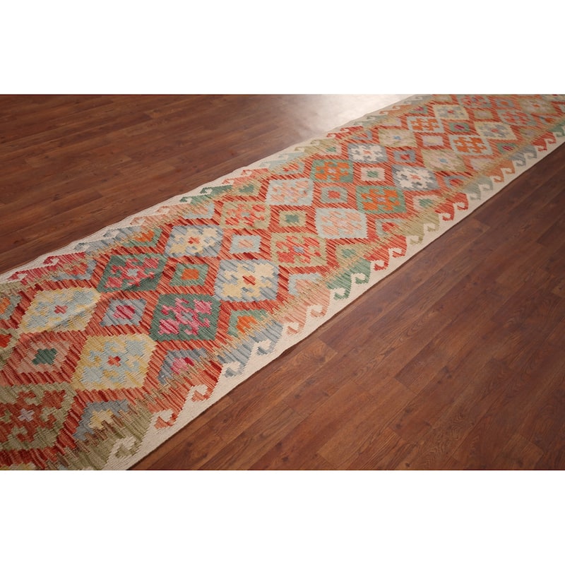 Geometric Kilim Oriental Runner Rug Hand-Woven Wool Carpet - 2'9"x 16'4"