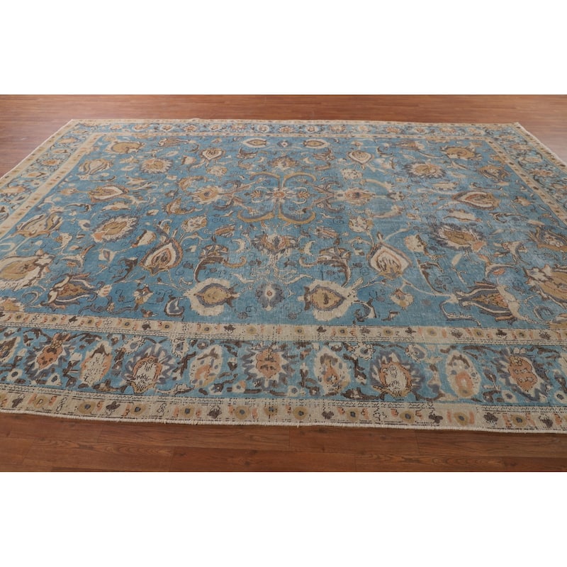 Light Blue Distressed Tabriz Persian Antique Rug Handmade Wool Carpet - 10'2" x 13'2"