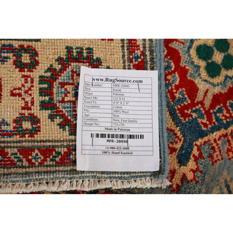 Blue Kazak Accent Rug Traditional Hand-Knotted Wool Carpet - 2'8"x 4'0"