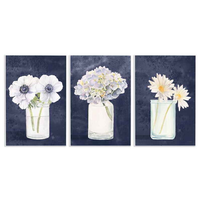 Stupell Farmhouse Flower Bouquets Navy Blue White Painting,3pc, each 10 x 15, Wood Wall Art