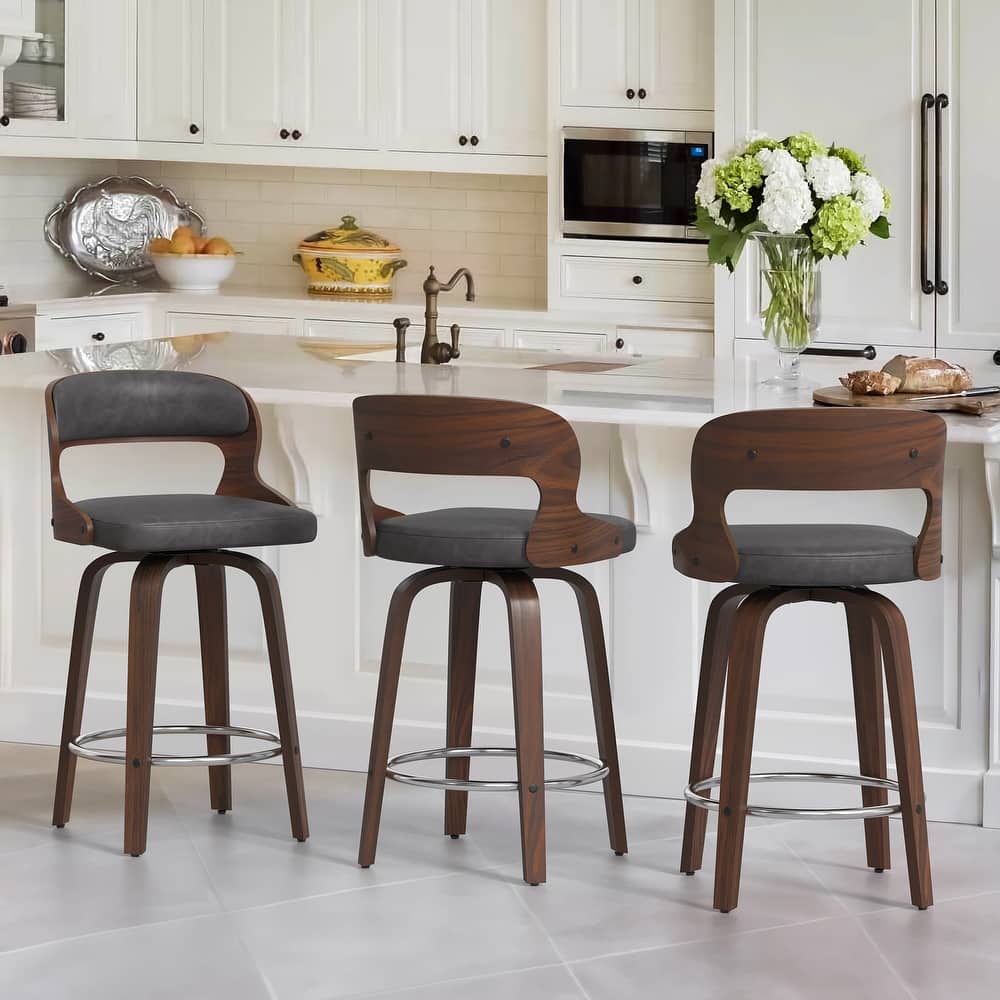 26.in Modern Set of 3 Leather Bar Stool Swivel Upholstered Hollow Back Counter Height Barstool with Wood Frame