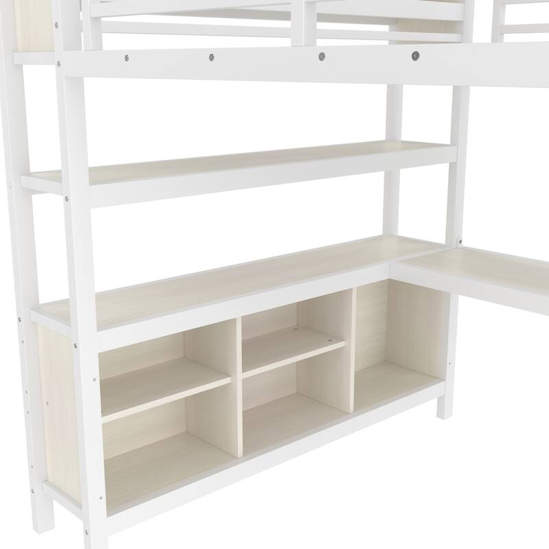 Roomfitters Queen Size Metal Loft Bed with L-Shaped Desk, Wardrobe, Storage Cubes & Shelves, Heavy-Duty Frame