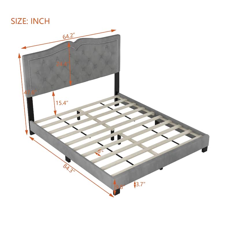 Modern Upholstered Bed Frame with Rivet Design and Tufted Headboard