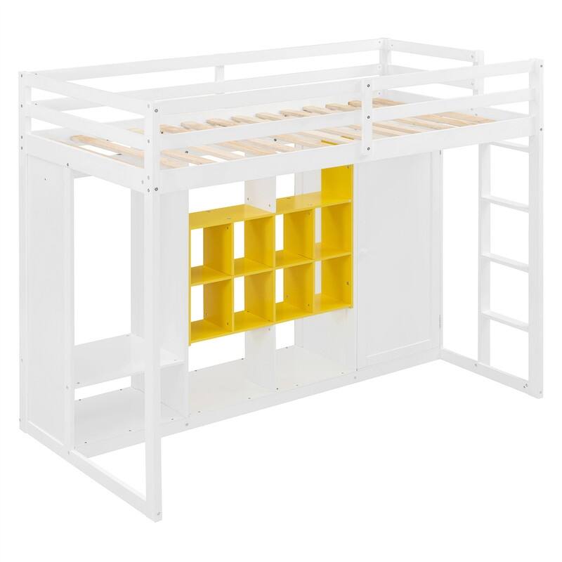 Twin/Full Size Loft Bed with Wardrobe and Cabinet, Wooden Loft Bedframe with Storage Shelves, Ladder and Guardrail for Kids