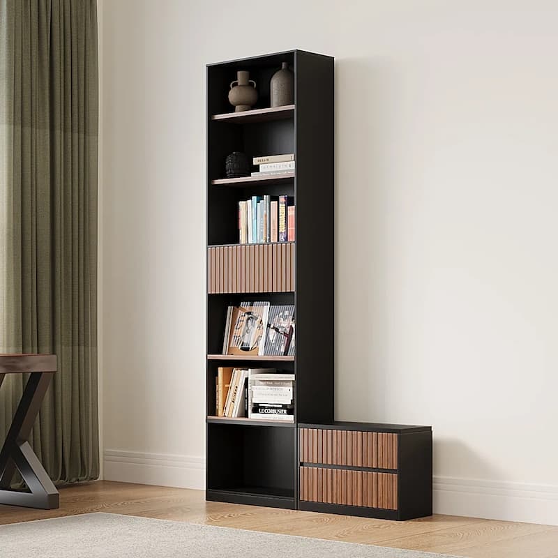 85.8'' Tall Bookcase with Movable Footstool and Open Shelves Storage Drawers