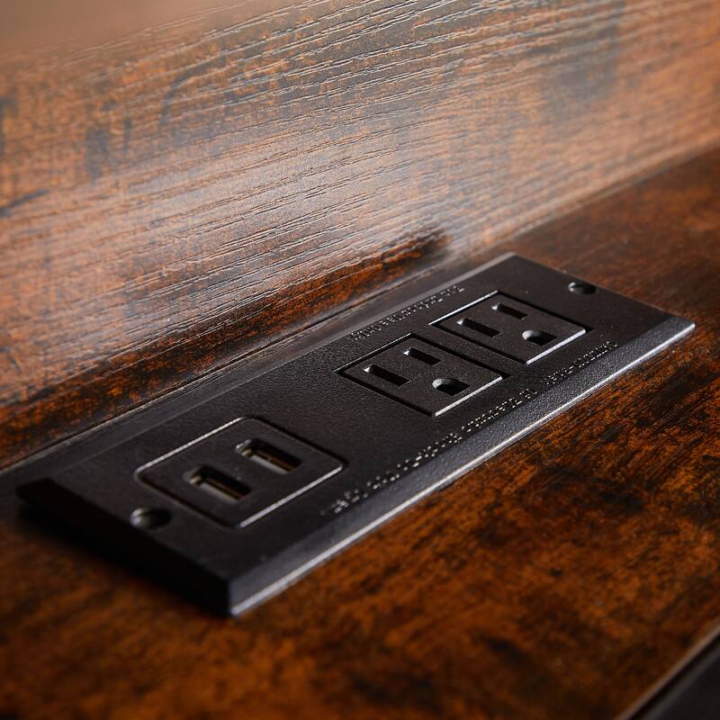 Metal Bed Frame with Storage Headboard/USB Charging Station - Rustic Brown