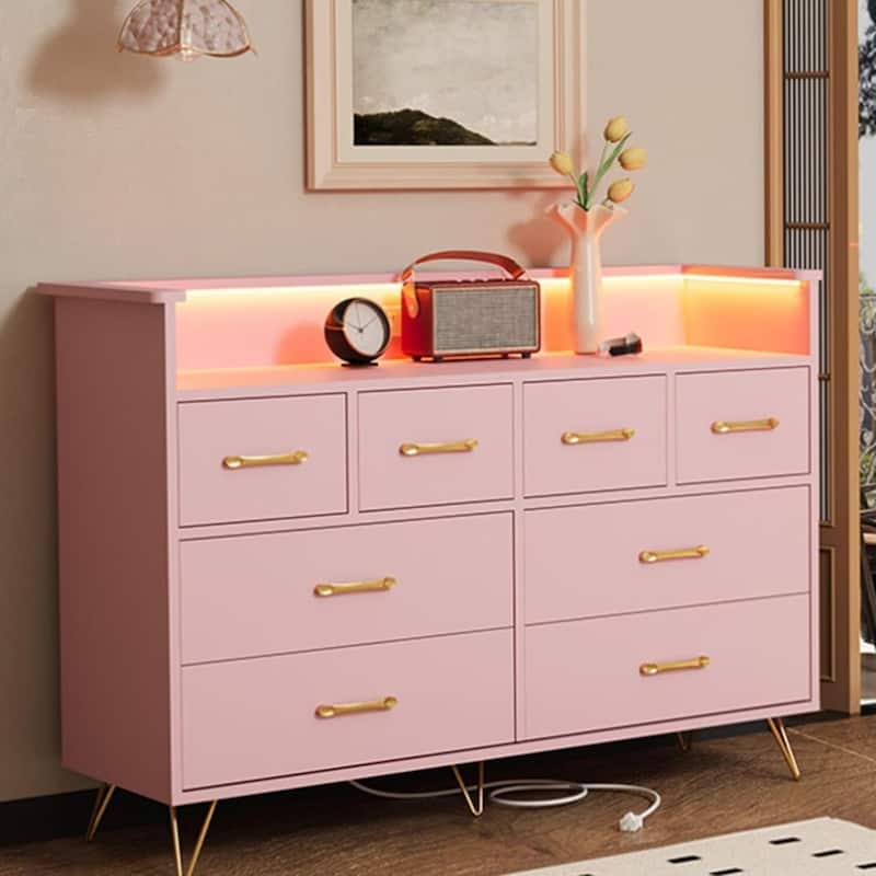 8 Drawer Dresser for Bedroom with LED Light, Charging Station & Open Shelf