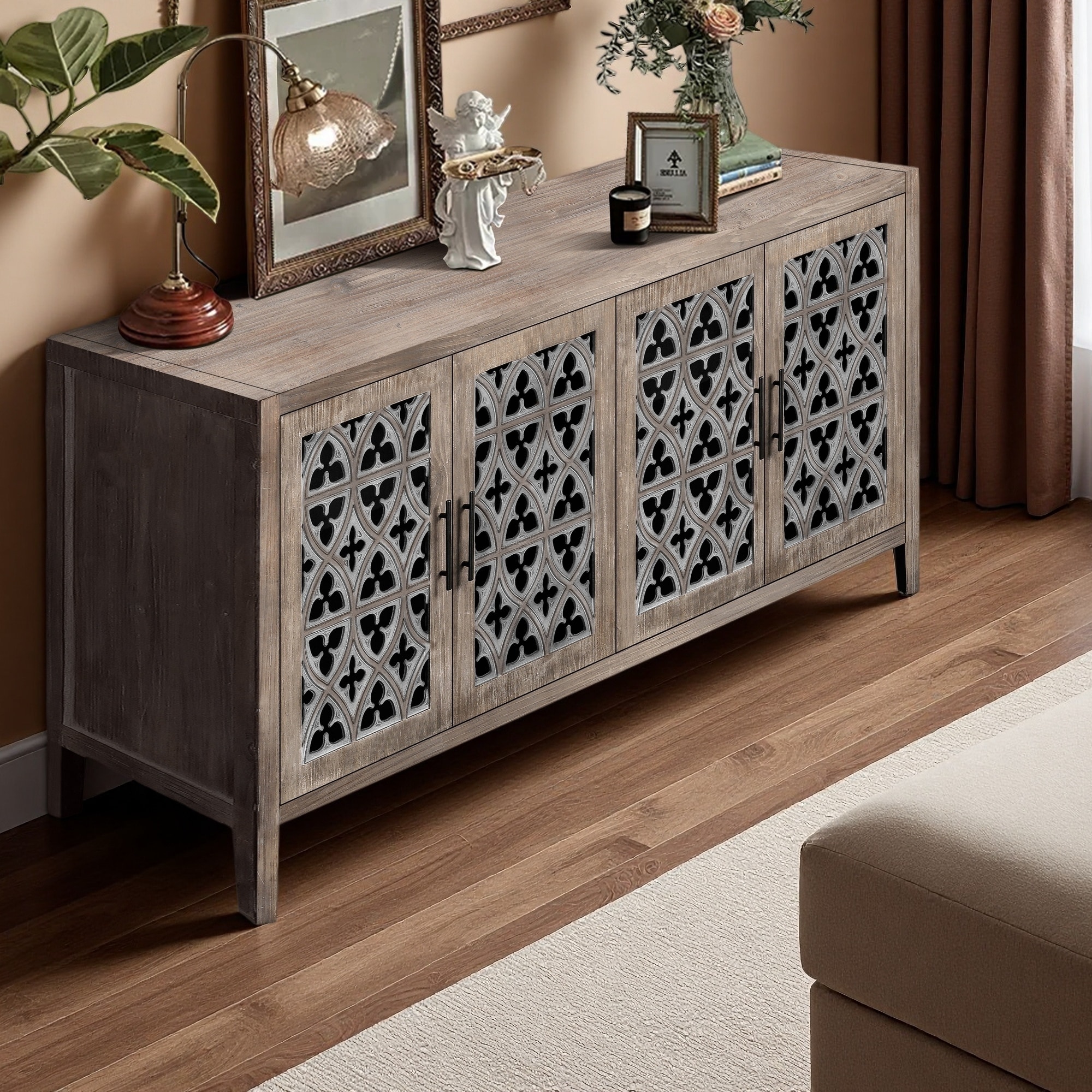 Hollow 4-Door Antique Cabinet, American Country Style, Storage TV Cabinet for Living Room, Kitchen