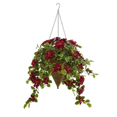 3.5' Poinsettia and Variegated Holly in Hanging Basket (Real Touch)