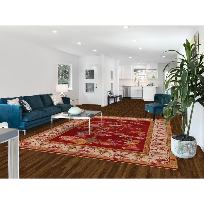 Red Floral Heriz Serapi Indian Area Rug Handmade Wool Carpet - 7'10" x 9'9"