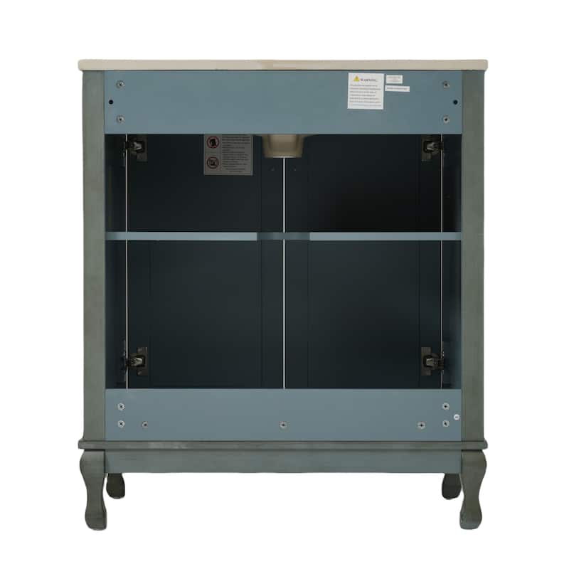 30" Bathroom Vanity with Rectangle Ceramic Sink, Antique Handles and 2 Doors, Solid Wood Legs and Adjustable shelves