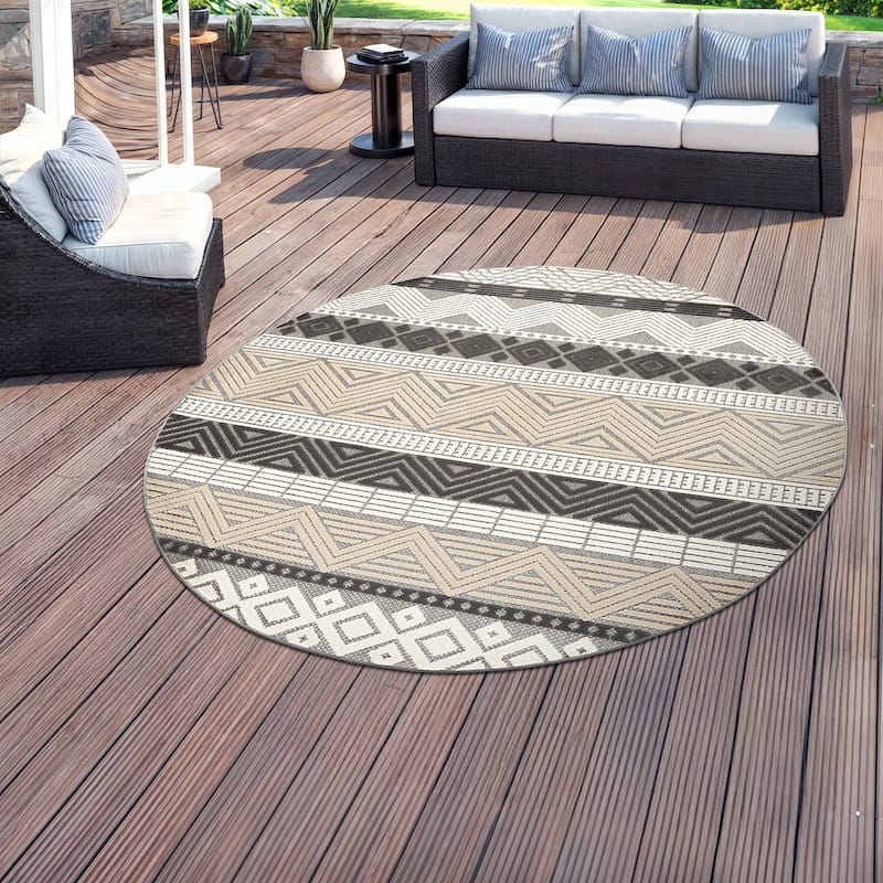 Marbella Contemporary Boho Indoor/Outdoor Area Rug - 8' ROUND - Gray