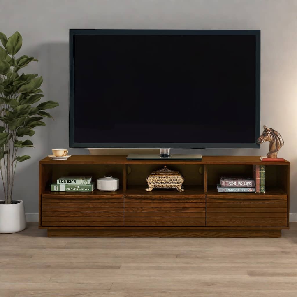 63" Mid-Century Modern TV Stand with 3 Drawers and 3 Shelves, Built-In Outlet Holes and Waterproof MDF Construction