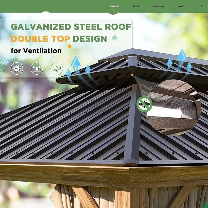 Erommy Pro Series Outdoor Galvanized Steel Roof Gazebo Pergola w/ Aluminum Frame & Vertical Rain Cutter