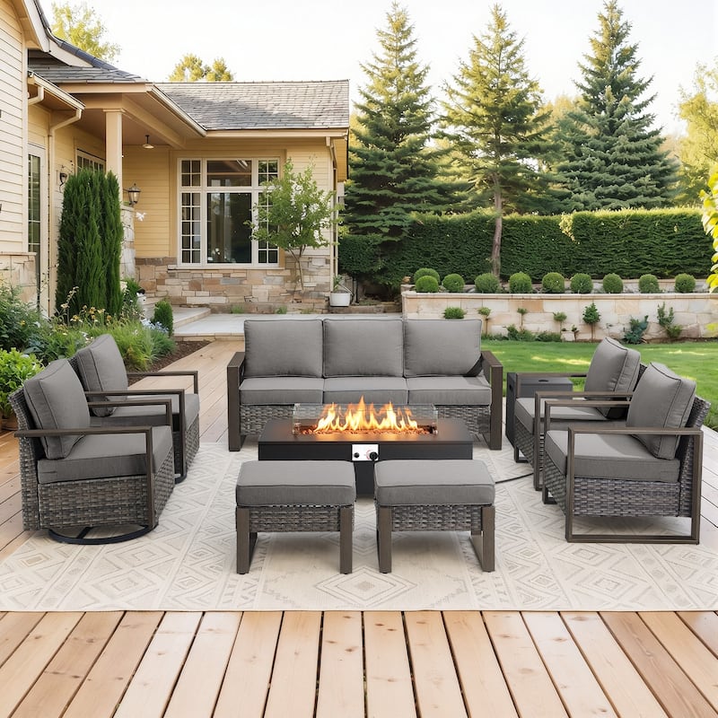 Meyreso Wicker Outdoor Patio Fire Pit Set with Swivel Gliders and 4.5-Inch Olefin Cushions