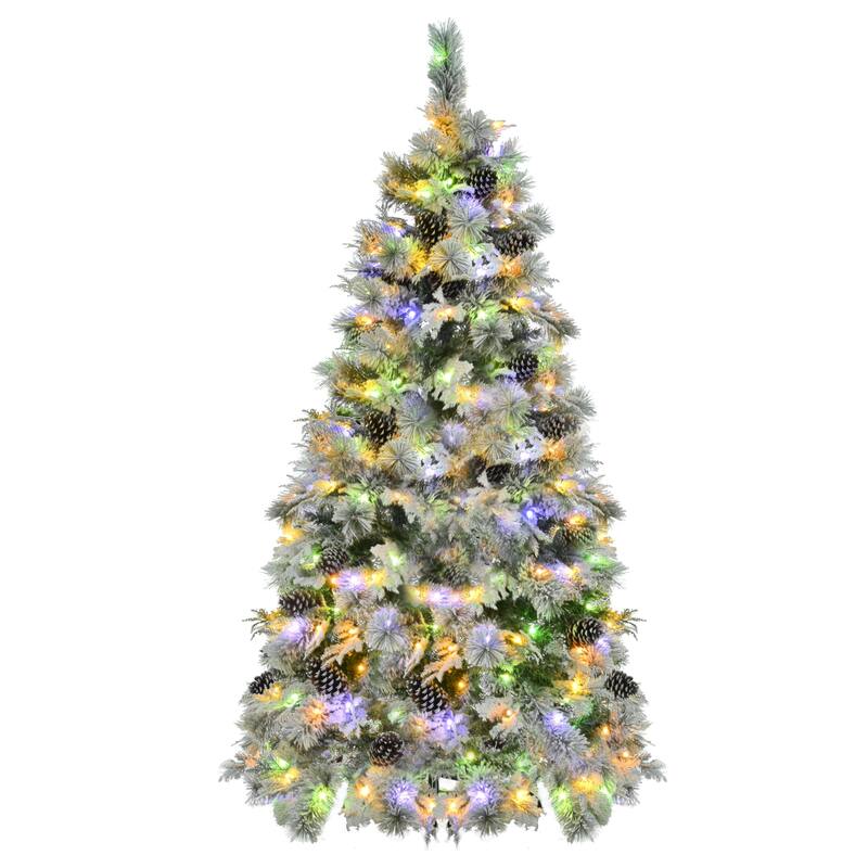 Pre-Lit Snow Flocked Spruce Tree - Mixed PE & PVC Branches, Multi-Color LED Lights, Pine Cones - White+Green